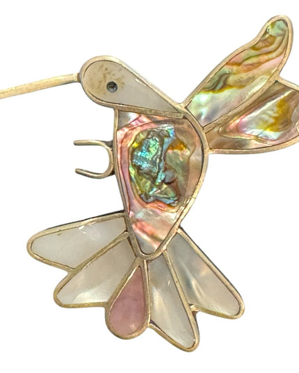Vintage Large Alpaca silver mexico Hummingbird abalone pearl brooch