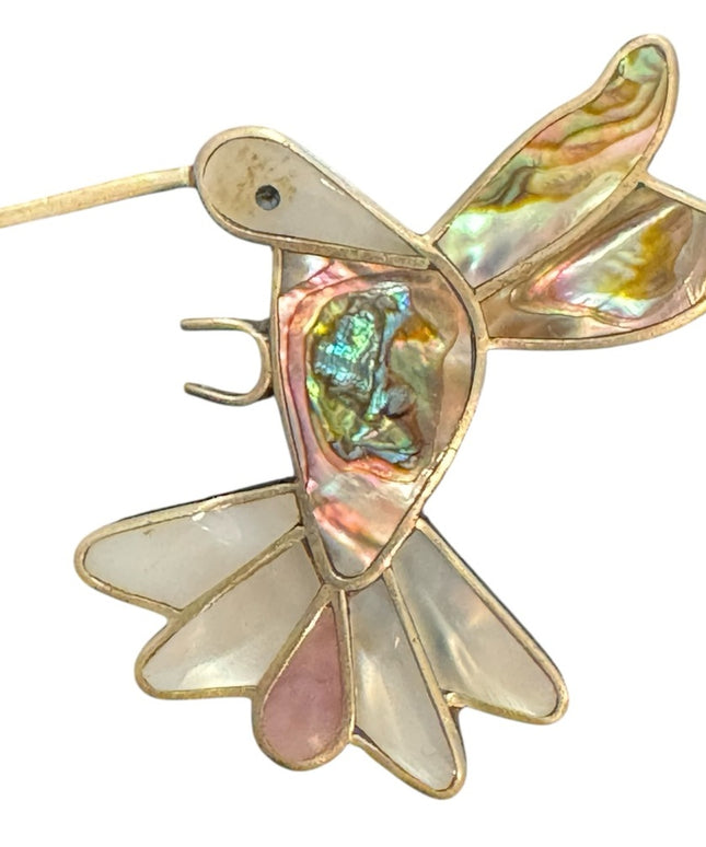 Vintage Large Alpaca silver mexico Hummingbird abalone pearl brooch