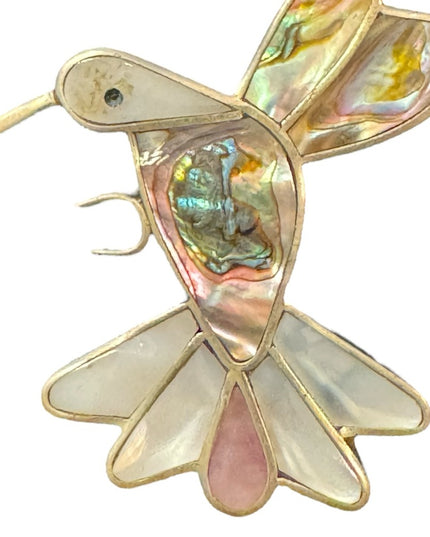 Vintage Large Alpaca silver mexico Hummingbird abalone pearl brooch
