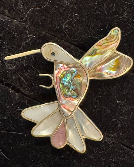 Vintage Large Alpaca silver mexico Hummingbird abalone pearl brooch