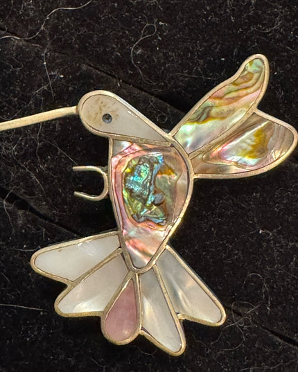 Vintage Large Alpaca silver mexico Hummingbird abalone pearl brooch