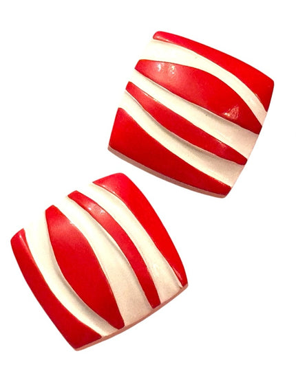 Vintage 1960s Plastic Red & White Fancy Striped Clip pn Earrings