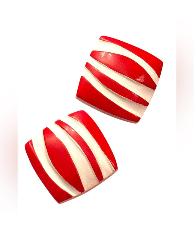 Vintage 1960s Plastic Red & White Fancy Striped Clip pn Earrings