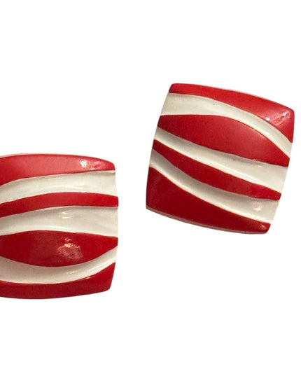 Vintage 1960s Plastic Red & White Fancy Striped Clip pn Earrings