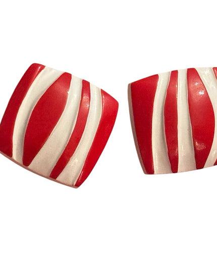 Vintage 1960s Plastic Red & White Fancy Striped Clip pn Earrings