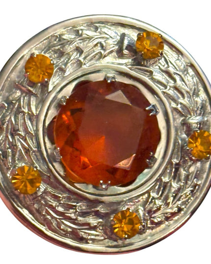 Elegant Vintage 1960s Silver & Orange Glass Simulated Gemstone Scottish Brooch