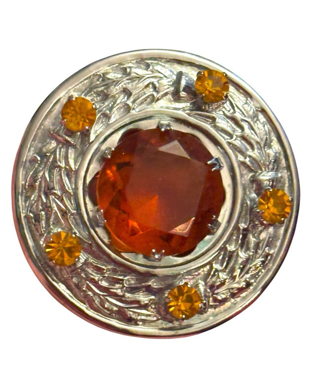 Elegant Vintage 1960s Silver & Orange Glass Simulated Gemstone Scottish Brooch
