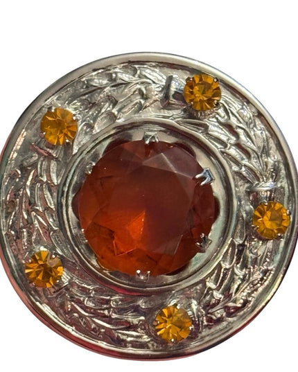Elegant Vintage 1960s Silver & Orange Glass Simulated Gemstone Scottish Brooch