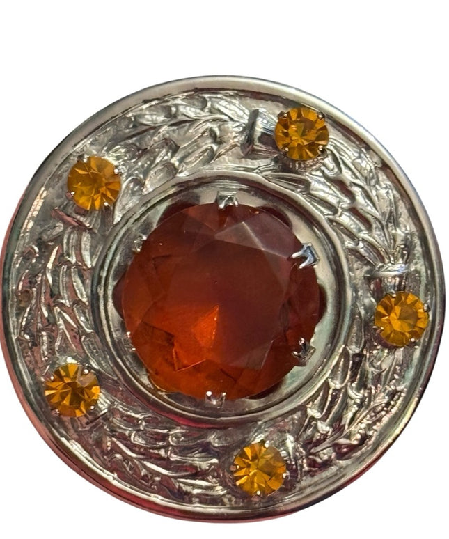 Elegant Vintage 1960s Silver & Orange Glass Simulated Gemstone Scottish Brooch