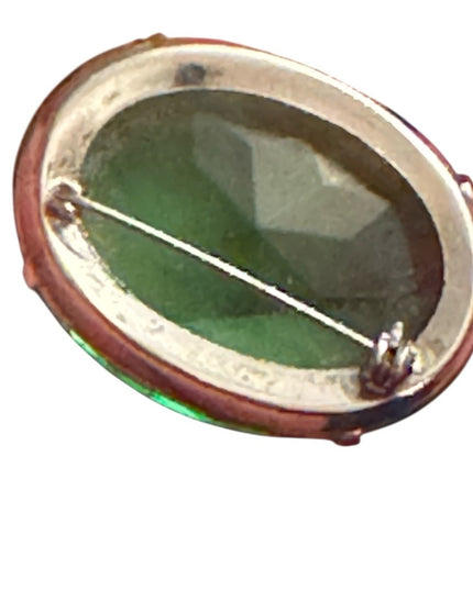 Elegant Vintage 1970s Green Gemstone Like  Fancy oval Brooch