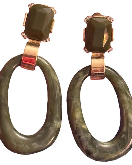Elegant Vintage 1980s Resin Green & Gold Drop Dangle  Earrings