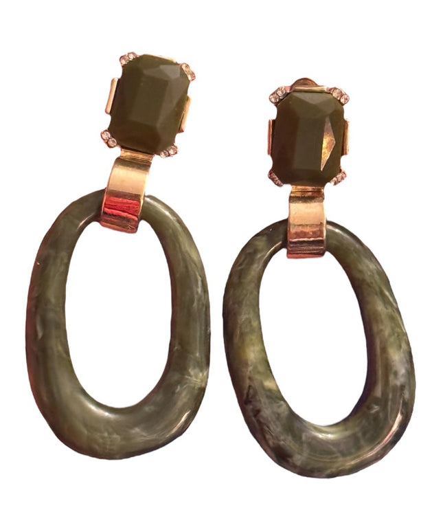 Elegant Vintage 1980s Resin Green & Gold Drop Dangle  Earrings