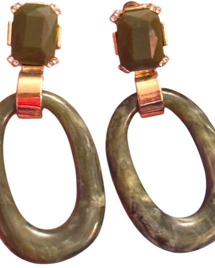 Elegant Vintage 1980s Resin Green & Gold Drop Dangle  Earrings
