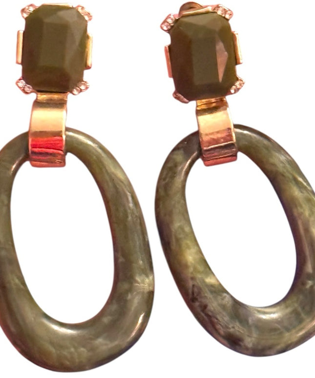 Elegant Vintage 1980s Resin Green & Gold Drop Dangle  Earrings
