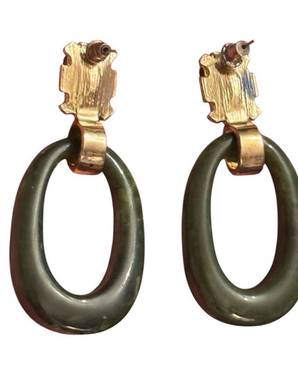 Elegant Vintage 1980s Resin Green & Gold Drop Dangle  Earrings