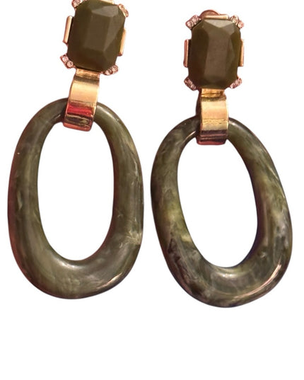 Elegant Vintage 1980s Resin Green & Gold Drop Dangle  Earrings