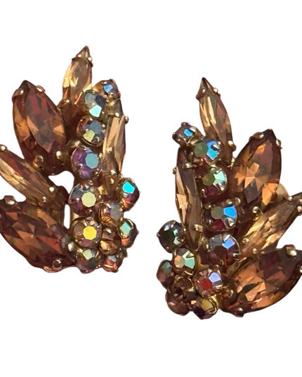 Elegant Gold & Brown AB Cryatal Sherman Clip on  Earrings