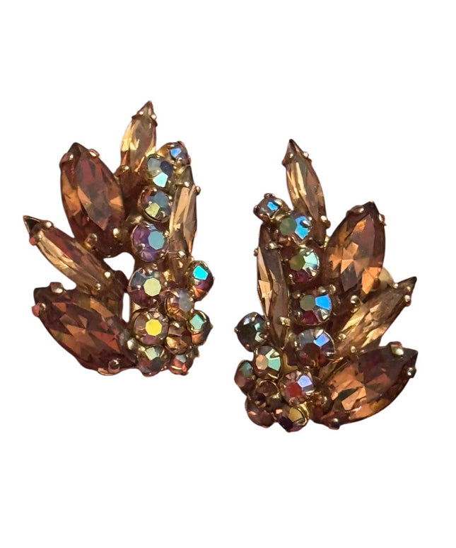 Elegant Gold & Brown AB Cryatal Sherman Clip on  Earrings