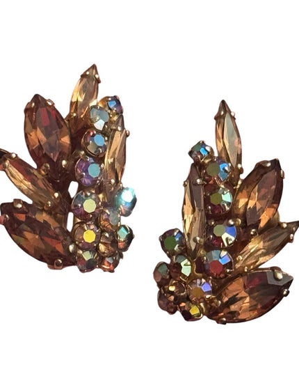 Elegant Gold & Brown AB Cryatal Sherman Clip on  Earrings