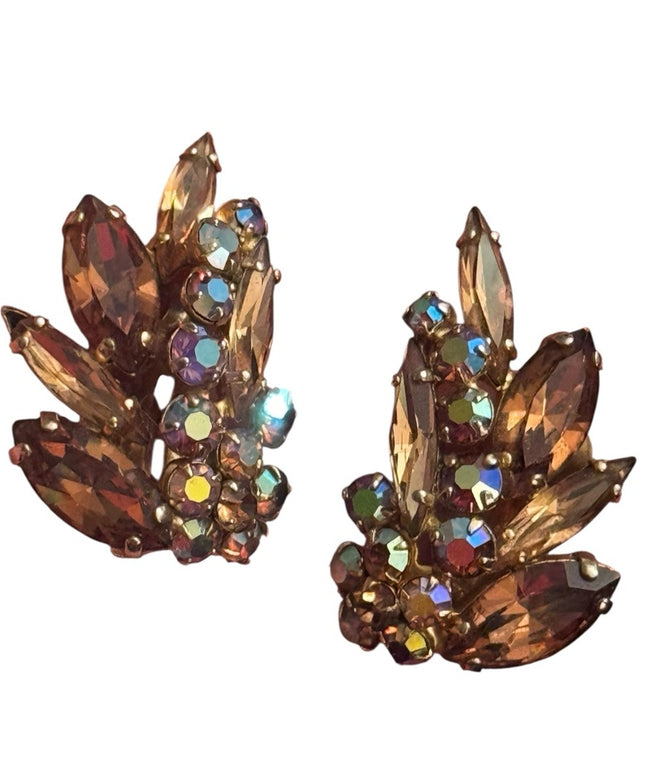 Elegant Gold & Brown AB Cryatal Sherman Clip on  Earrings