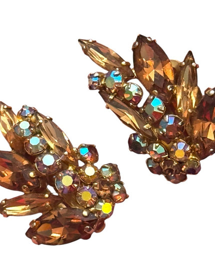 Elegant Gold & Brown AB Cryatal Sherman Clip on  Earrings
