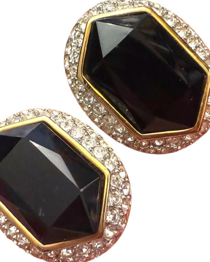 Sophisticated Vintage Oscar De La Renta Black & Gold Rhinestone Earrings