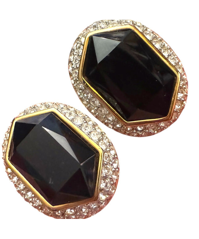 Sophisticated Vintage Oscar De La Renta Black & Gold Rhinestone Earrings