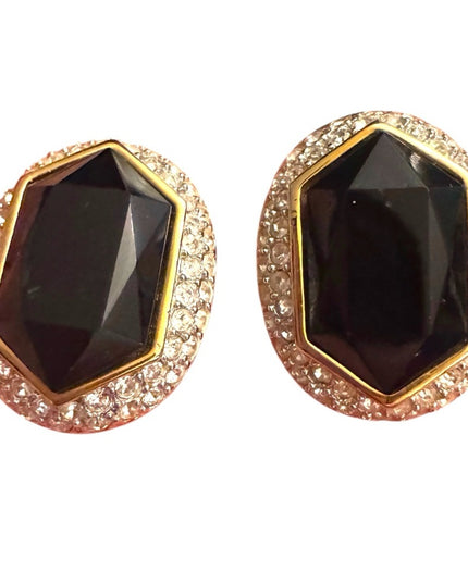 Sophisticated Vintage Oscar De La Renta Black & Gold Rhinestone Earrings