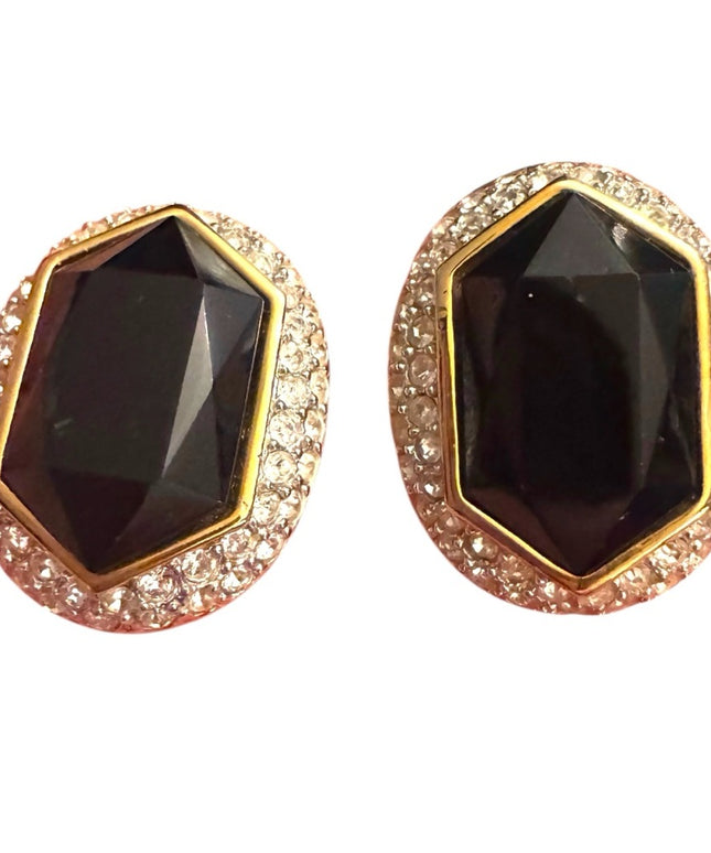 Sophisticated Vintage Oscar De La Renta Black & Gold Rhinestone Earrings