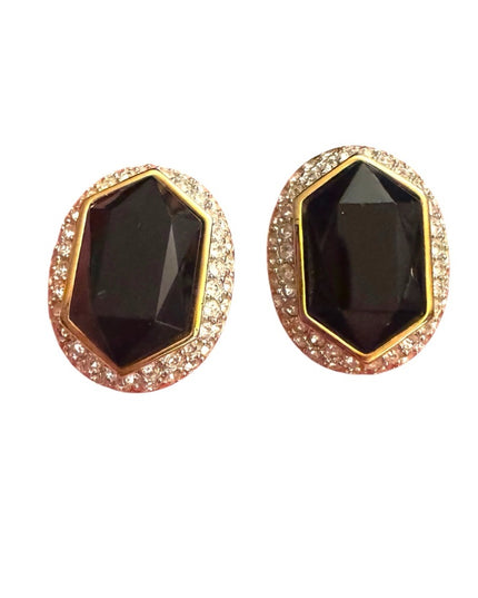 Sophisticated Vintage Oscar De La Renta Black & Gold Rhinestone Earrings