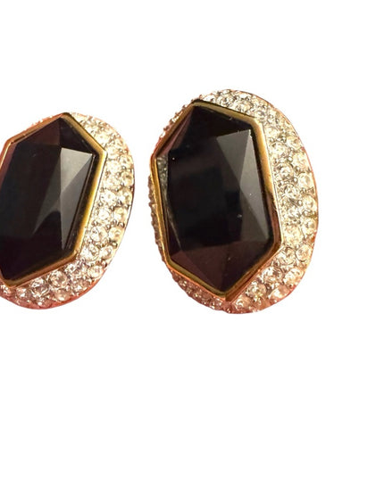 Sophisticated Vintage Oscar De La Renta Black & Gold Rhinestone Earrings