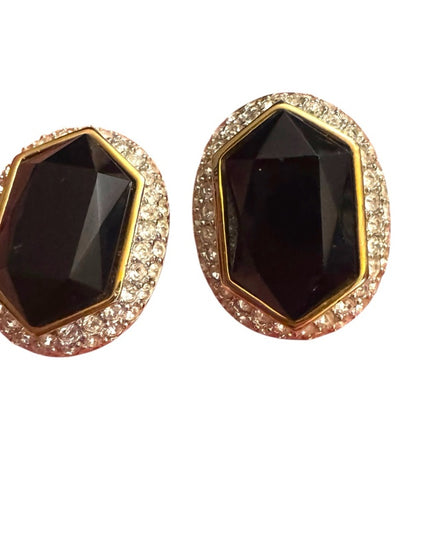 Sophisticated Vintage Oscar De La Renta Black & Gold Rhinestone Earrings