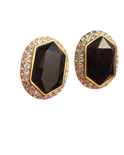 Sophisticated Vintage Oscar De La Renta Black & Gold Rhinestone Earrings