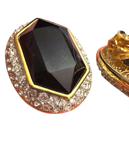 Sophisticated Vintage Oscar De La Renta Black & Gold Rhinestone Earrings