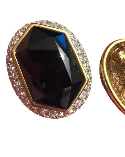 Sophisticated Vintage Oscar De La Renta Black & Gold Rhinestone Earrings
