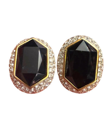 Sophisticated Vintage Oscar De La Renta Black & Gold Rhinestone Earrings