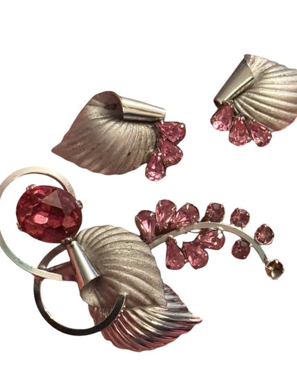 Elegant Sterling Silver 925 Boyd Bond Pink Crystal Fancy Leaf Jewelry Set
