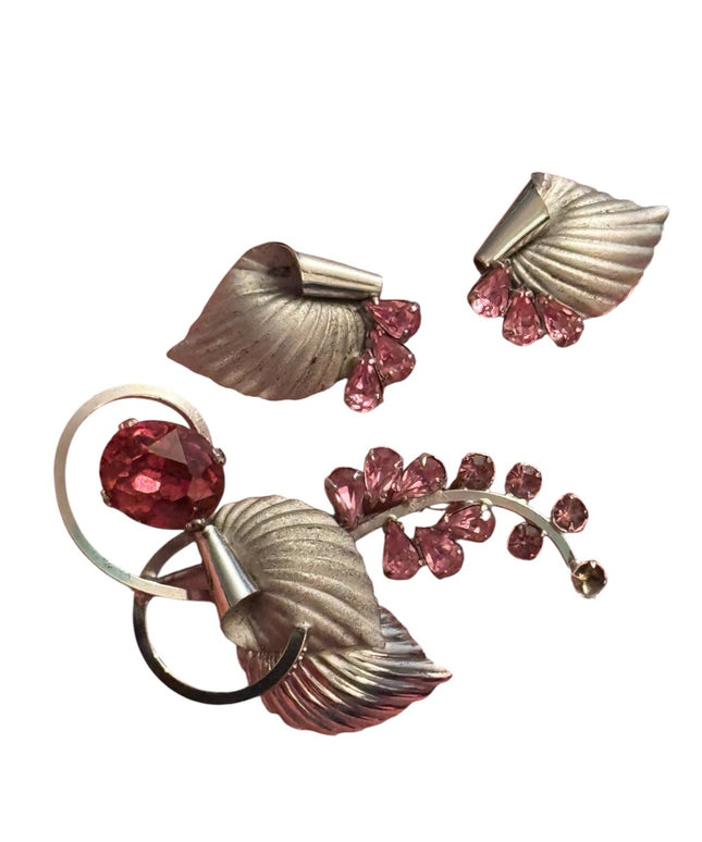 Elegant Sterling Silver 925 Boyd Bond Pink Crystal Fancy Leaf Jewelry Set