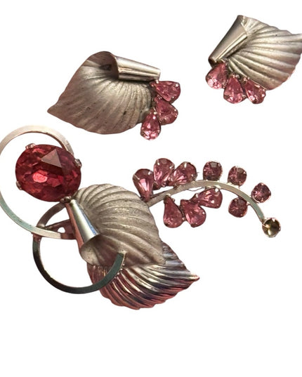 Elegant Sterling Silver 925 Boyd Bond Pink Crystal Fancy Leaf Jewelry Set