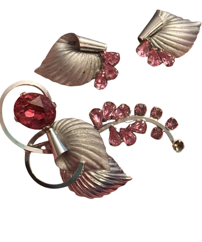 Elegant Sterling Silver 925 Boyd Bond Pink Crystal Fancy Leaf Jewelry Set