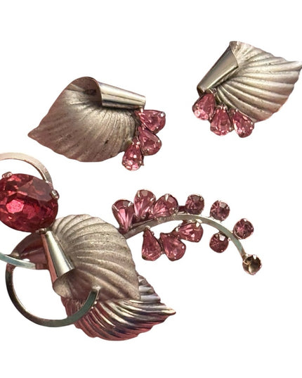 Elegant Sterling Silver 925 Boyd Bond Pink Crystal Fancy Leaf Jewelry Set