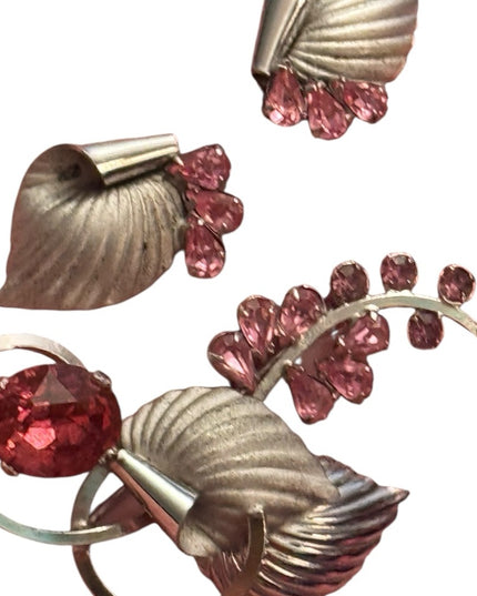 Elegant Sterling Silver 925 Boyd Bond Pink Crystal Fancy Leaf Jewelry Set