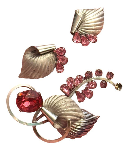Elegant Sterling Silver 925 Boyd Bond Pink Crystal Fancy Leaf Jewelry Set