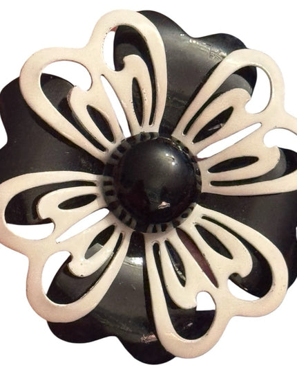 Vintage Mid Century 1950s Black & White Metal Floral Brooch
