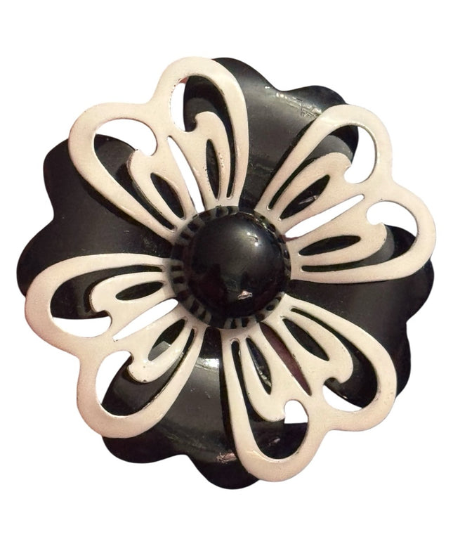 Vintage Mid Century 1950s Black & White Metal Floral Brooch