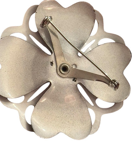 Vintage Mid Century 1950s Black & White Metal Floral Brooch