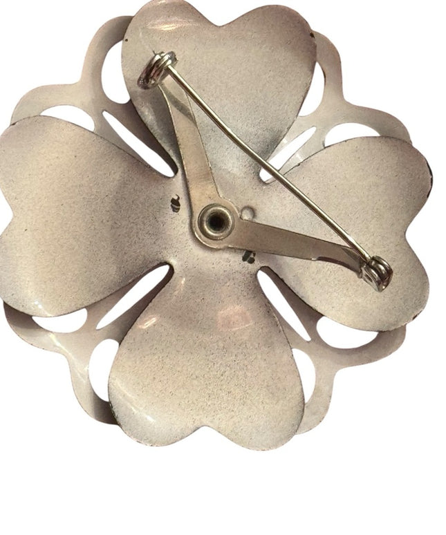 Vintage Mid Century 1950s Black & White Metal Floral Brooch