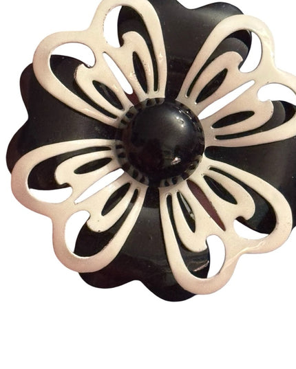 Vintage Mid Century 1950s Black & White Metal Floral Brooch