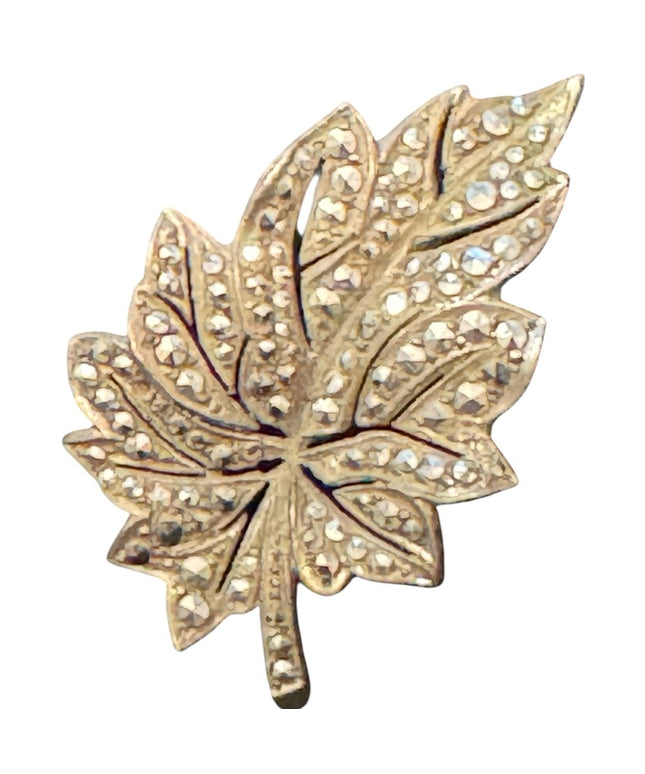 Vintage Sterling Silver 925 Marcasite Leaf Brooch with Rhinestones