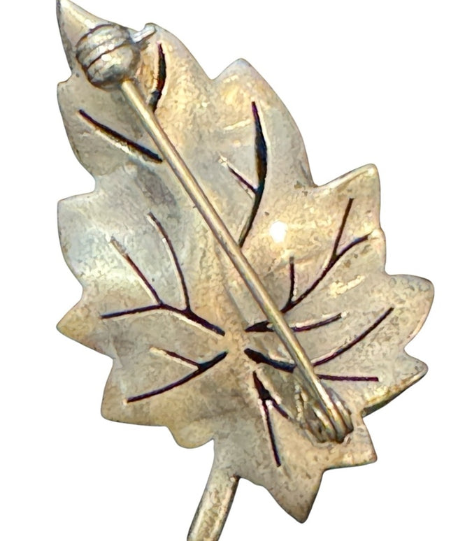 Vintage Sterling Silver 925 Marcasite Leaf Brooch with Rhinestones